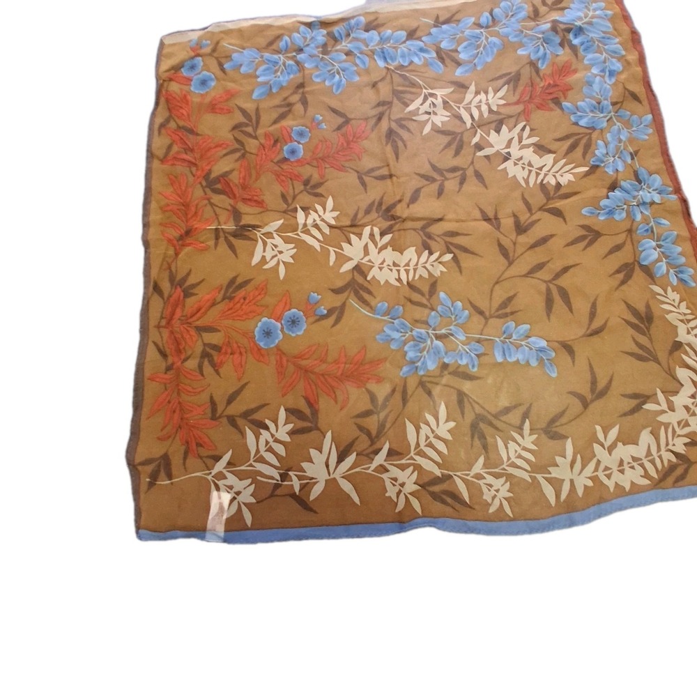 Vintage Floral Sheer Silk Scarf with Blue and Red Accents